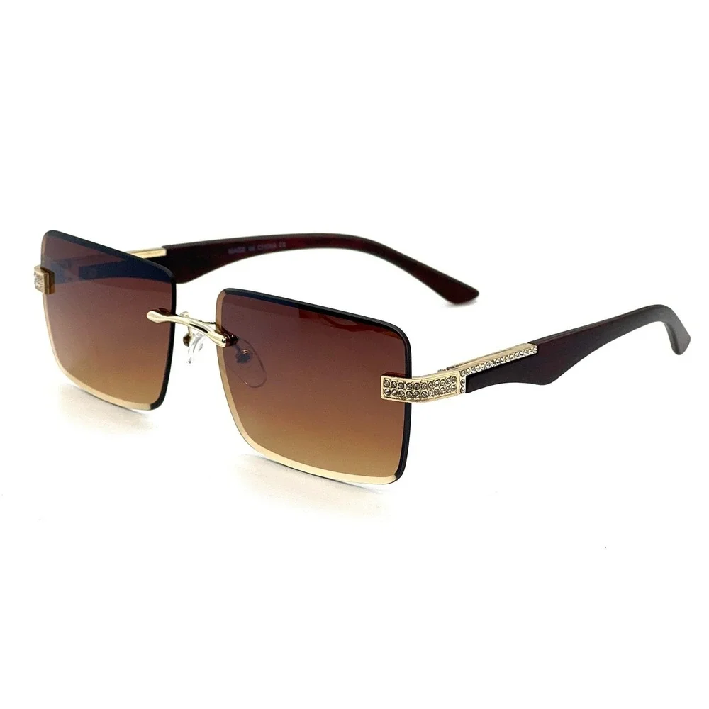 Rimless Sunglasses Men Square‎ Rhinestone Brown Lens Fashion Shades Street Wear